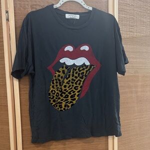Free People Black Tee with Red and Leopard Print Design